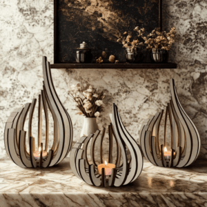 Elegantný svietnik - drevená dekorácia na stôl 3 ks